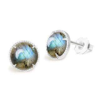 Vintage lace round 7mm labradorite silver stud earrings with oval labradorite stones and beaded metal bezel setting
