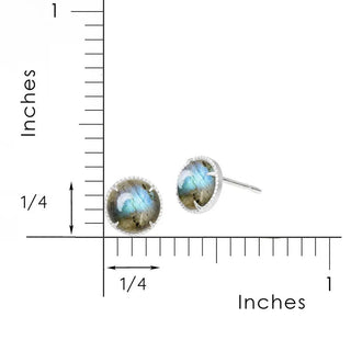 Vintage lace round 7mm labradorite silver stud earrings with shimmering blue green iridescent bezel set stones