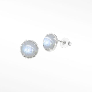 Silver vintage lace round 7mm moonstone silver stud earrings with oval light blue stones in beaded metal bezel