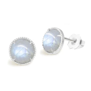 Silver vintage lace round 7mm moonstone silver stud earrings with oval light blue stones in beaded metal bezel