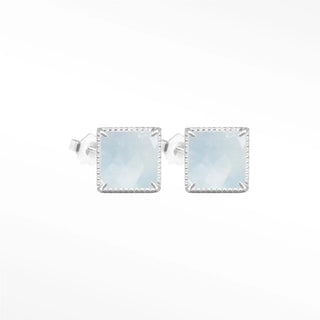 Vintage lace square 6mm aquamarine silver stud earrings with light blue translucent stones and beaded edges