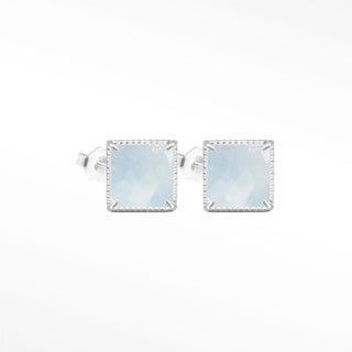 Vintage lace square 6mm aquamarine silver stud earrings with light blue translucent stones and beaded edges