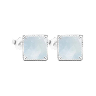 Vintage lace square 6mm aquamarine silver stud earrings with light blue translucent stones and beaded edges