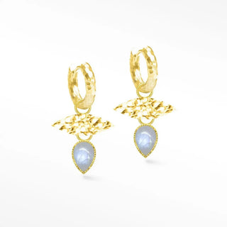 Gold-toned vintage lace moonstone earrings with hammered 18k vermeil hoops and pear-shaped moonstone pendants