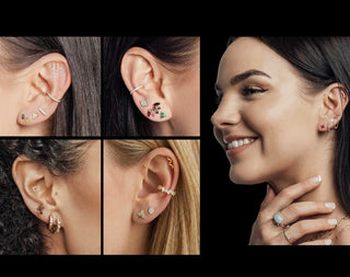 A woman’s ear adorned with a collection of delicate gold-toned stud earrings featuring small gemstones and minimalist geometric designs.